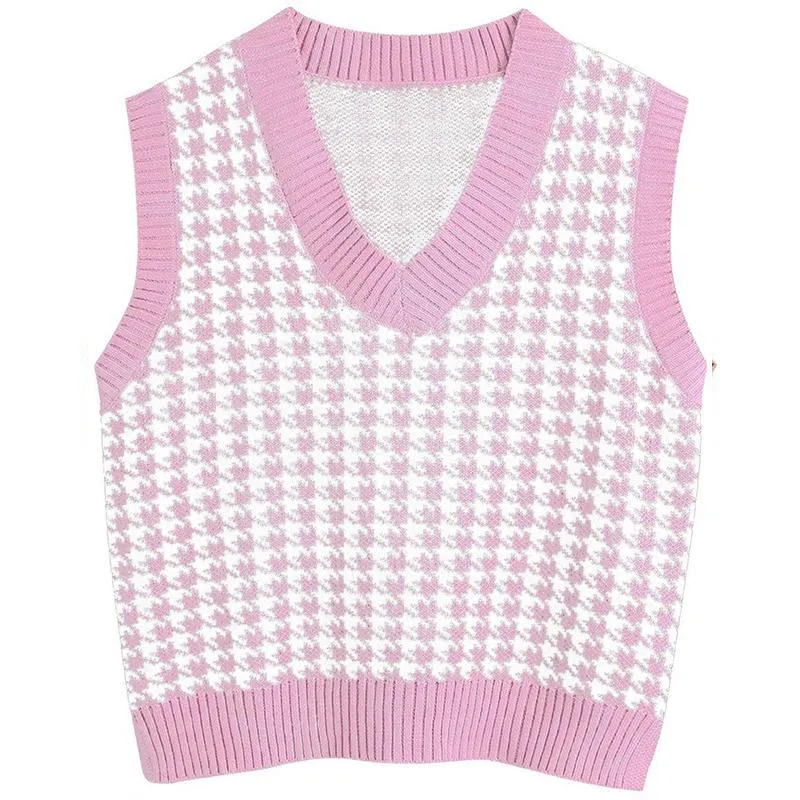 Winter fall pullover knit v neck plaid sweater vest women