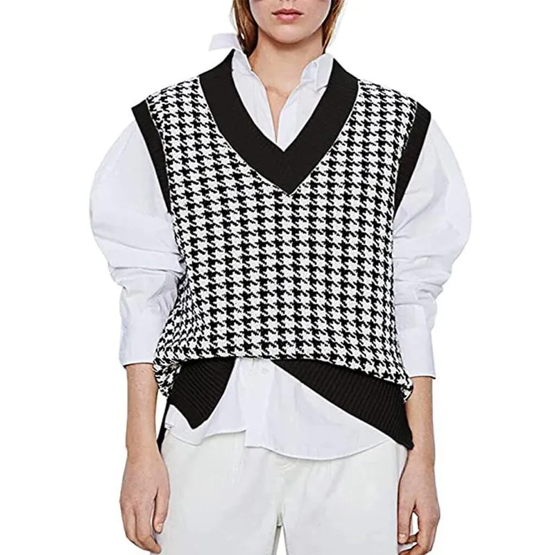 Winter fall pullover knit v neck plaid sweater vest women