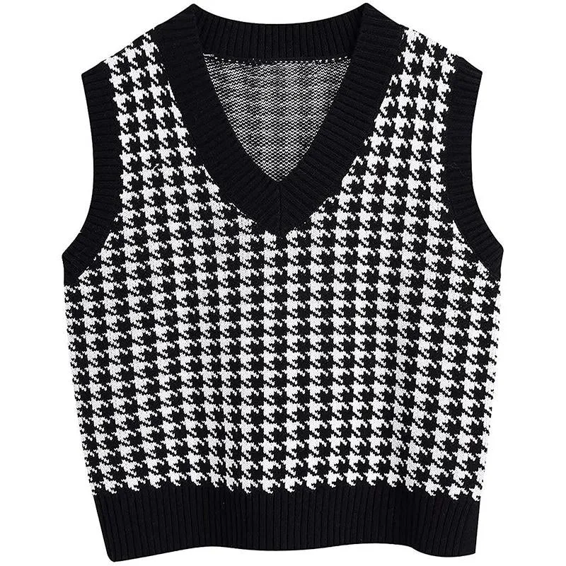 Winter fall pullover knit v neck plaid sweater vest women