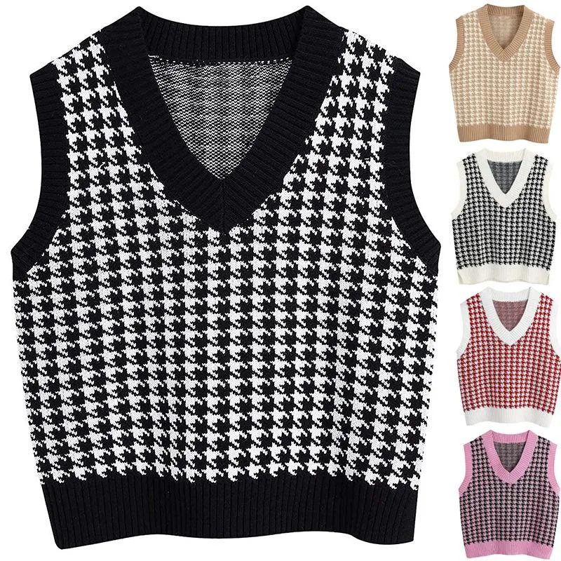 Winter fall pullover knit v neck plaid sweater vest women