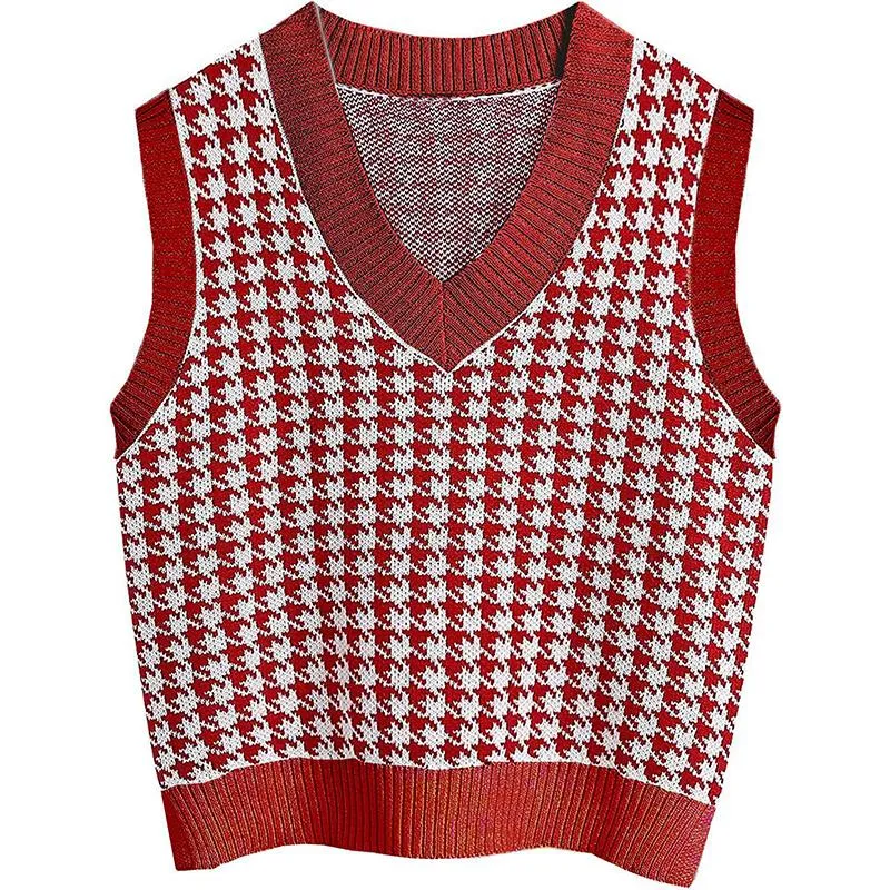 Winter fall pullover knit v neck plaid sweater vest women