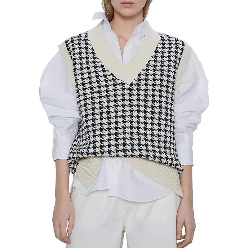 Winter fall pullover knit v neck plaid sweater vest women