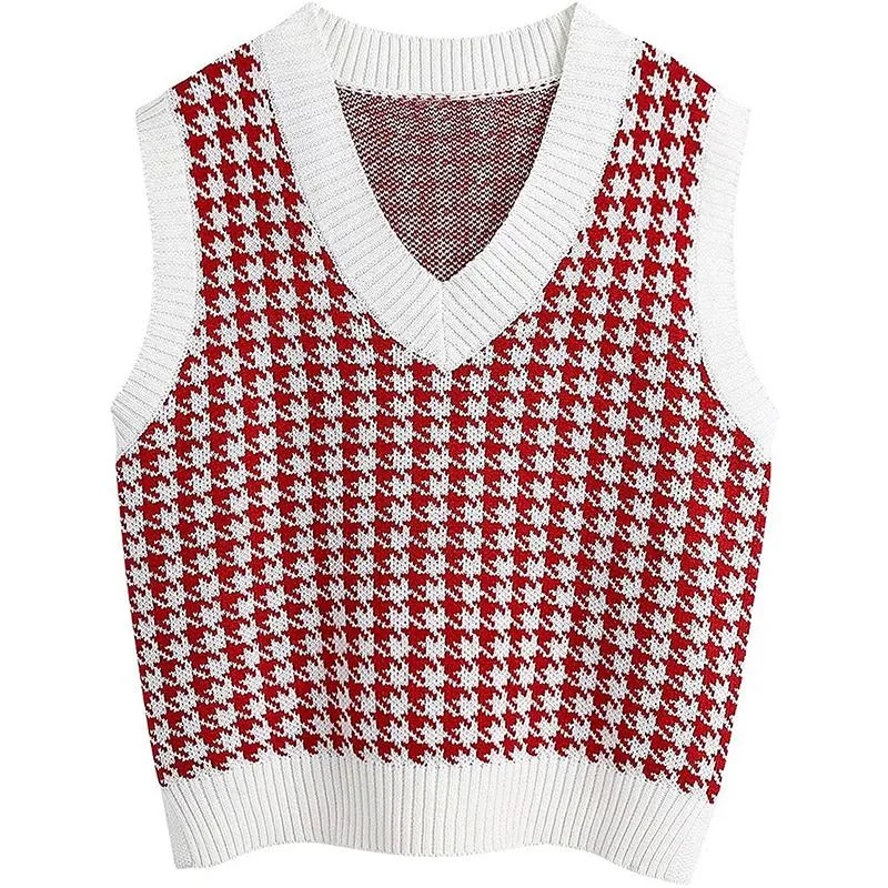 Winter fall pullover knit v neck plaid sweater vest women