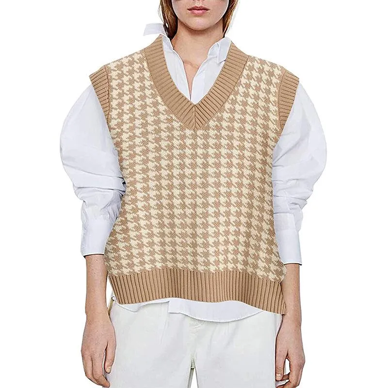 Winter fall pullover knit v neck plaid sweater vest women