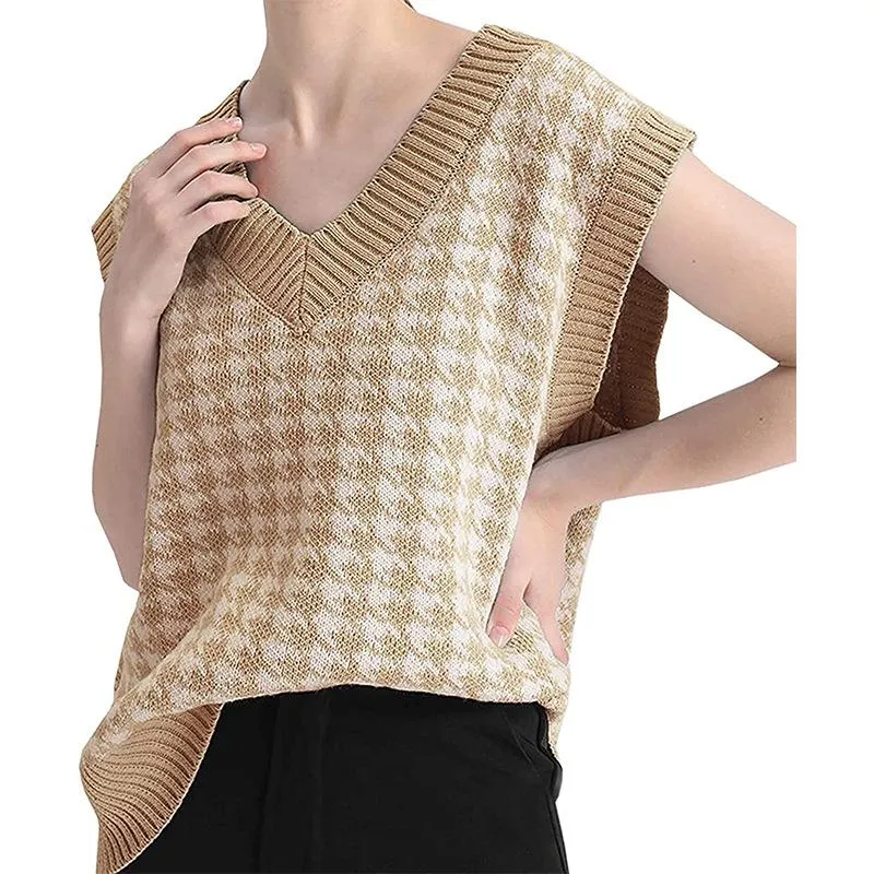 Winter fall pullover knit v neck plaid sweater vest women