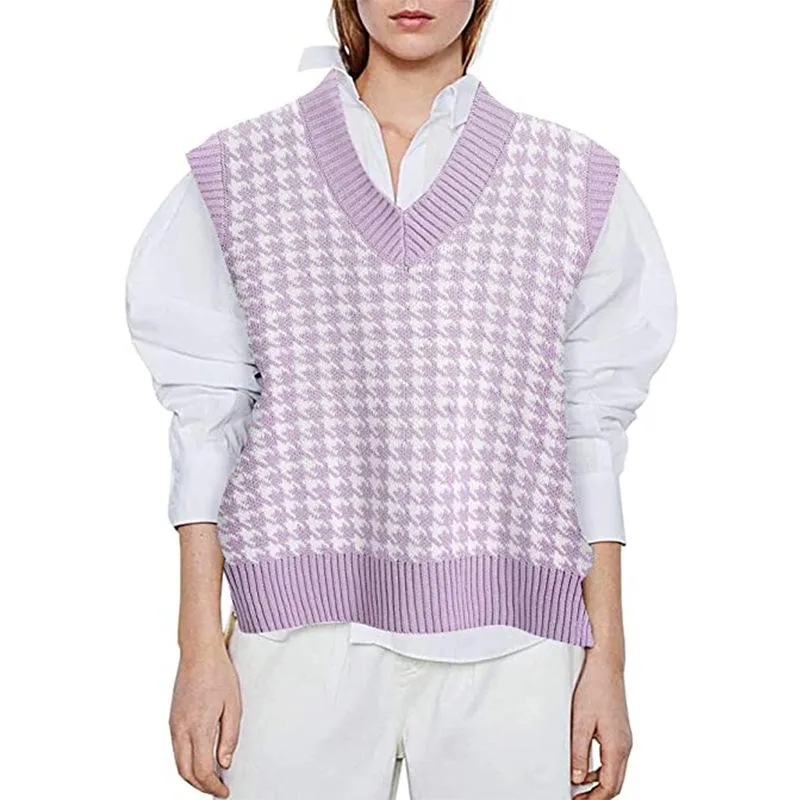 Winter fall pullover knit v neck plaid sweater vest women