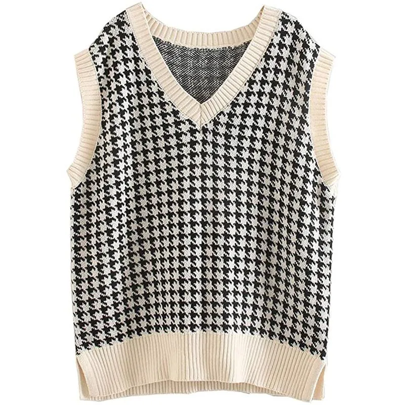 Winter fall pullover knit v neck plaid sweater vest women