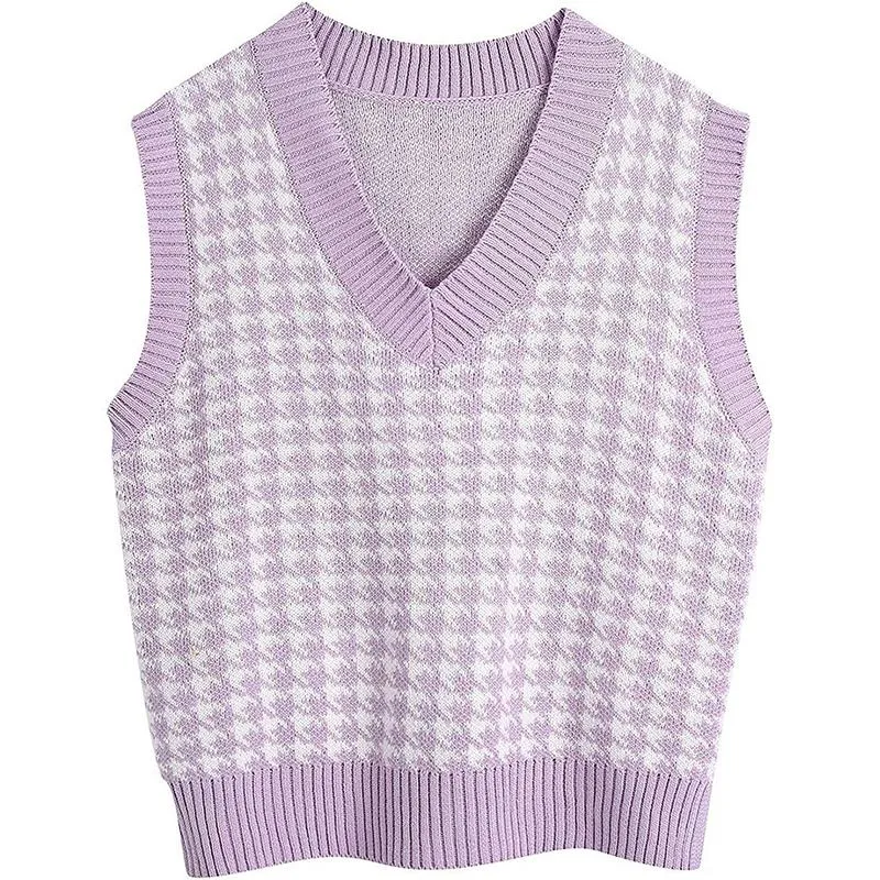 Winter fall pullover knit v neck plaid sweater vest women