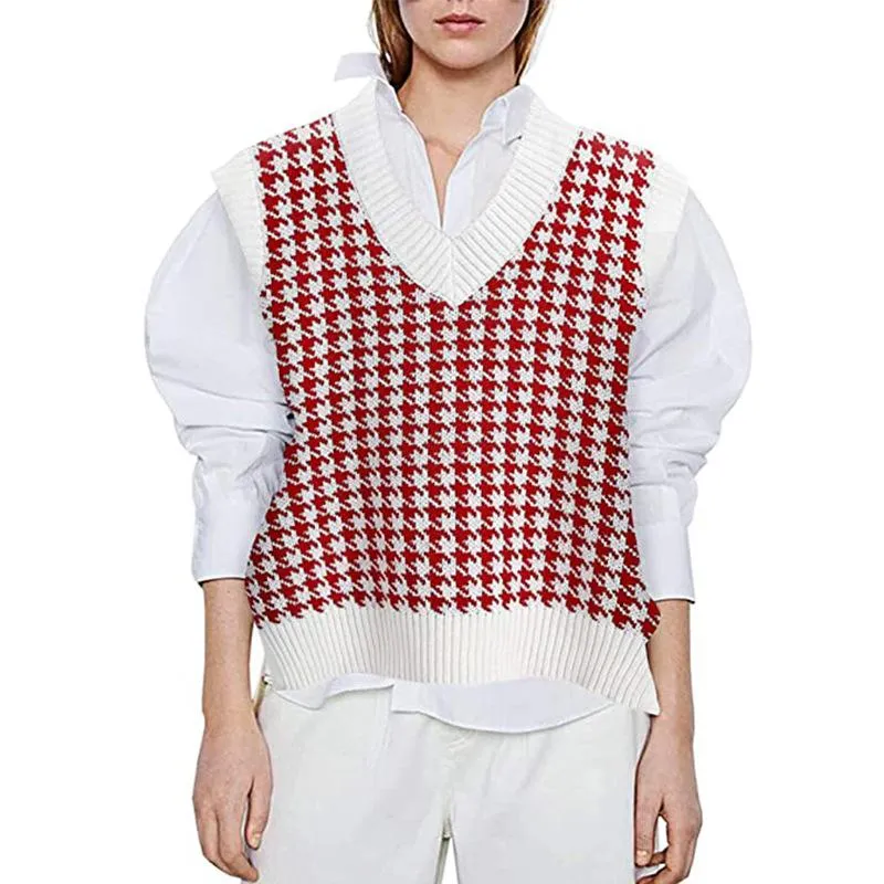 Winter fall pullover knit v neck plaid sweater vest women