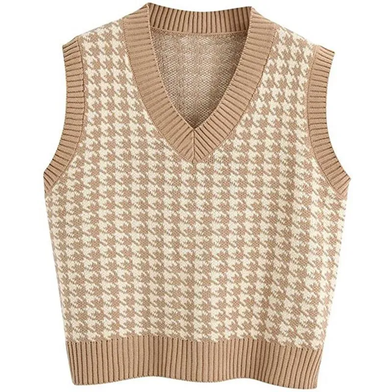 Winter fall pullover knit v neck plaid sweater vest women