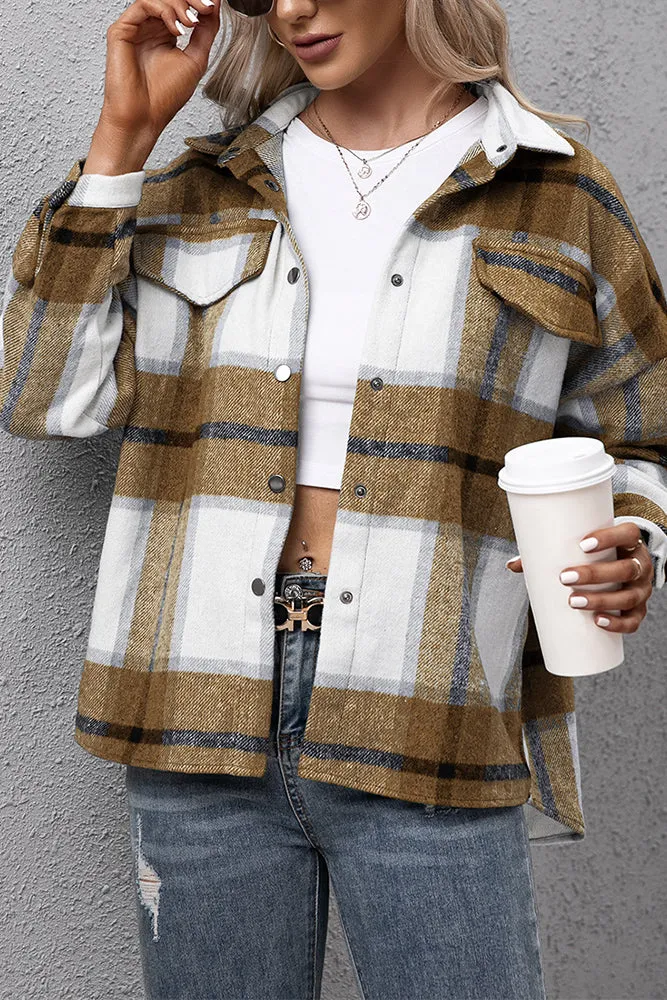 Winter Outfits Plaid Turn Down Neck Button Down Shacket Jacket Women