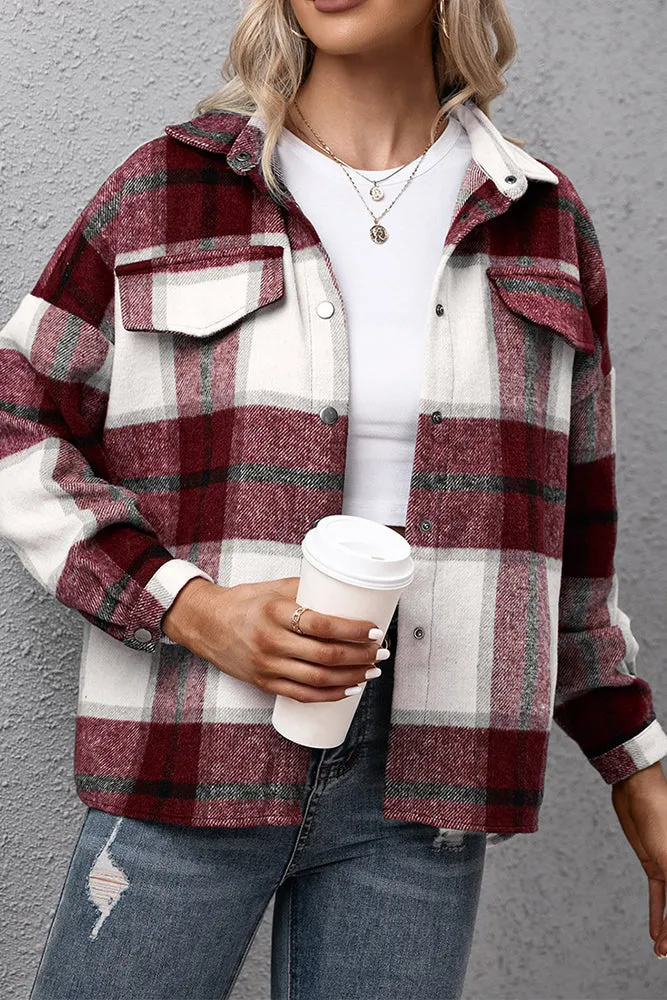 Winter Outfits Plaid Turn Down Neck Button Down Shacket Jacket Women