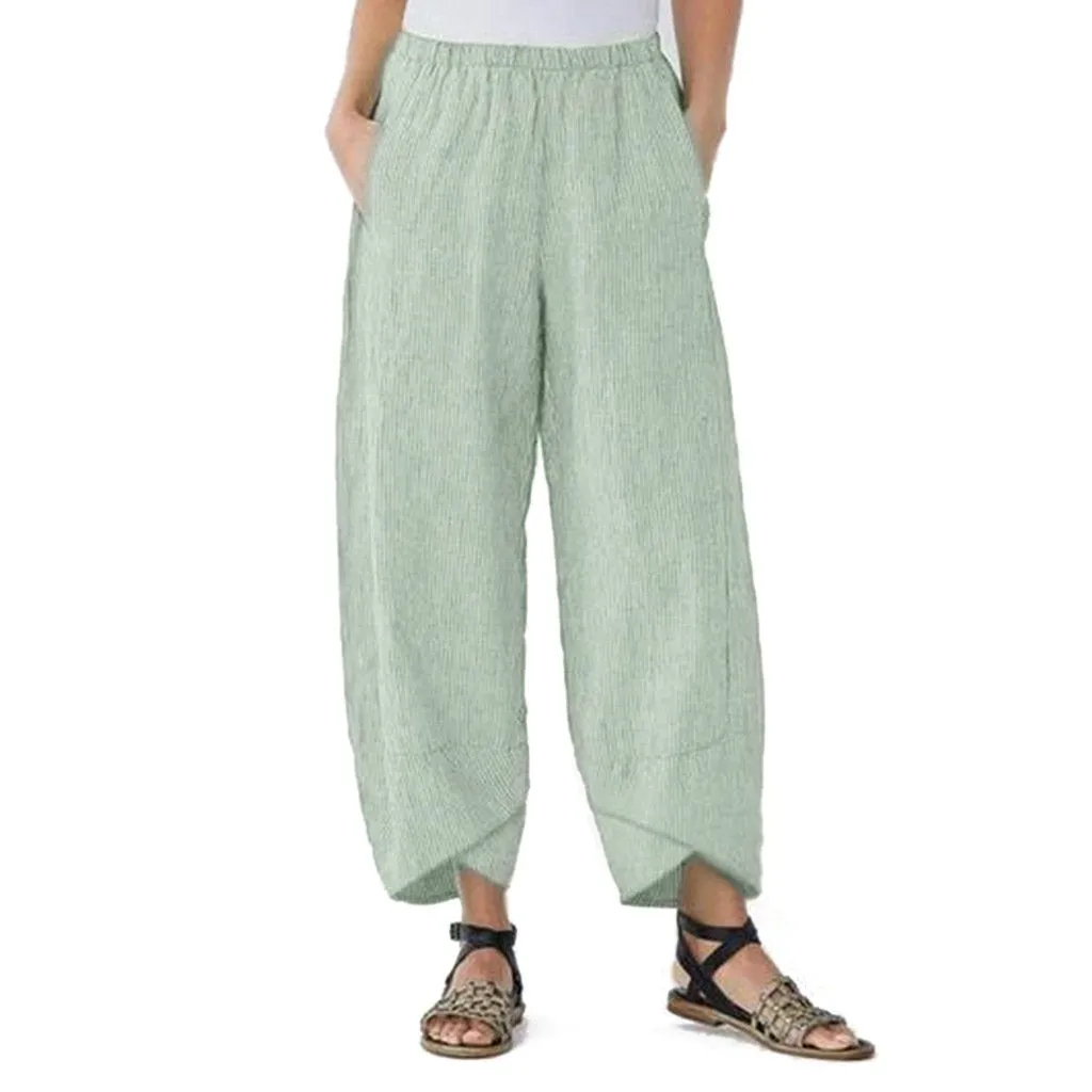 Women Casual Pocket Shift Linen Striped Pants