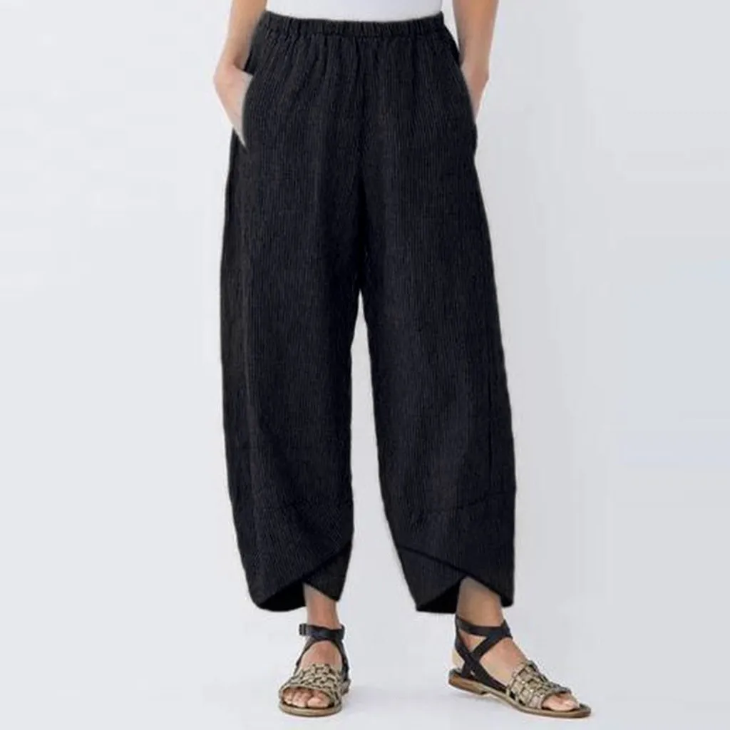 Women Casual Pocket Shift Linen Striped Pants