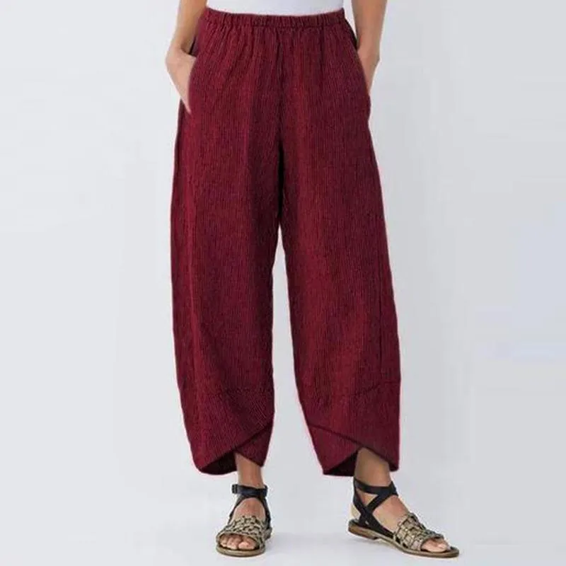 Women Casual Pocket Shift Linen Striped Pants