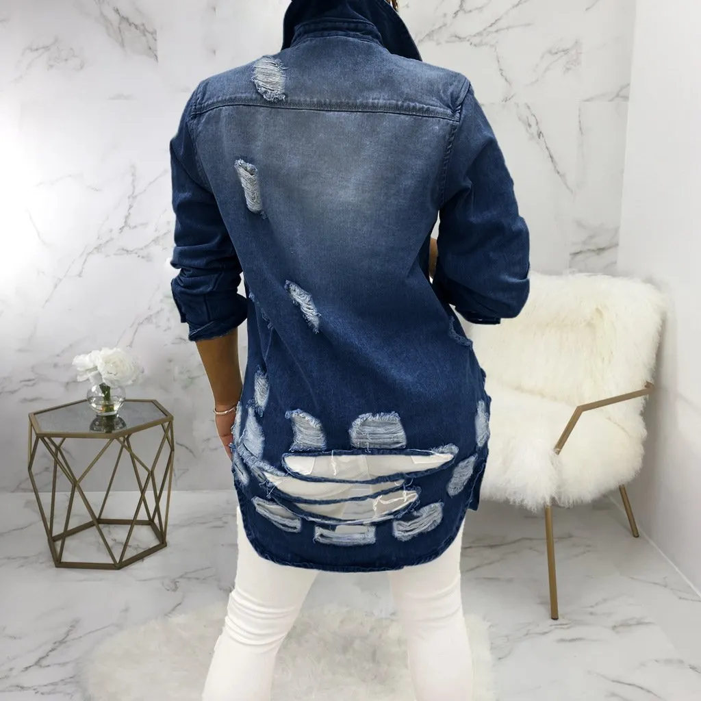 Women fashion turn-down collar hollow denim coats & jackets