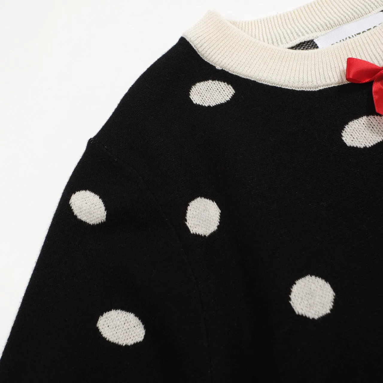 Women's knit crew neck bow cute polka dot T-shirt