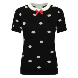 Women's knit crew neck bow cute polka dot T-shirt