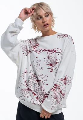 Womens Koi River Relaxed Crew Neck Sweatshirt - White