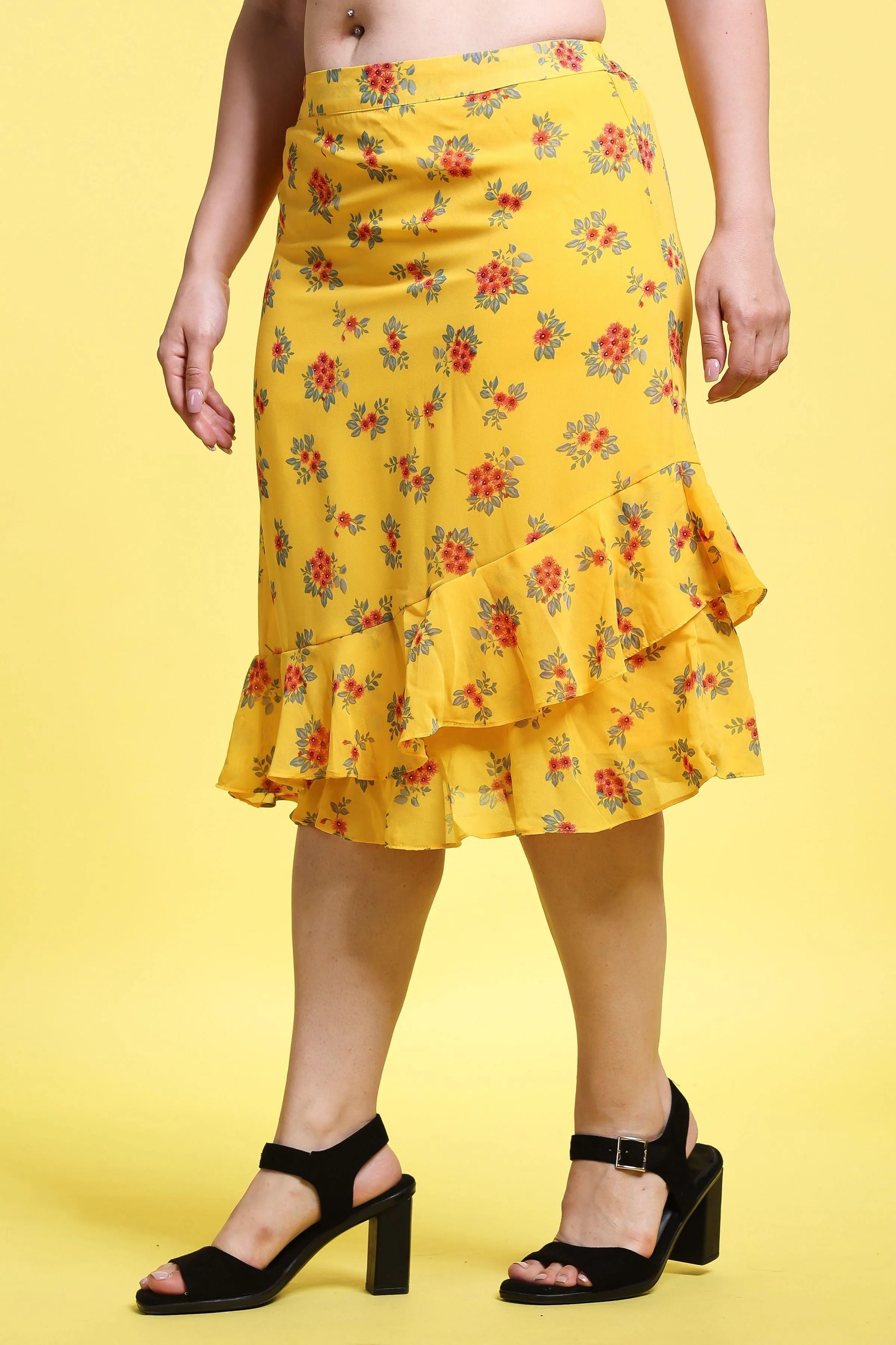 Yellow Floral Printed Layered Skirt